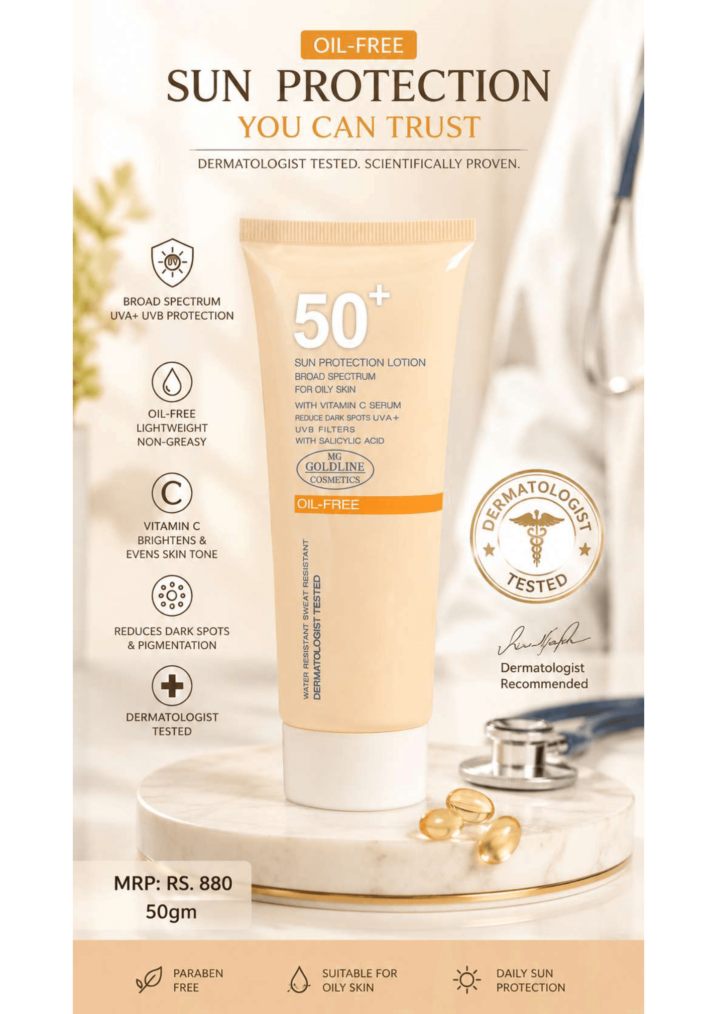 Oil-free SPF 50 sun protection lotion product sheet