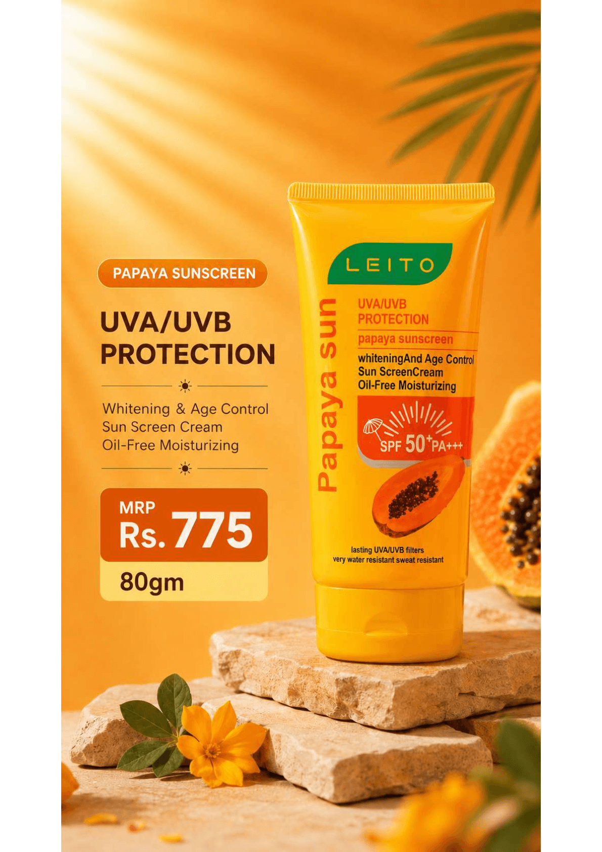 Leito Papaya sunscreen SPF 50 plus product sheet